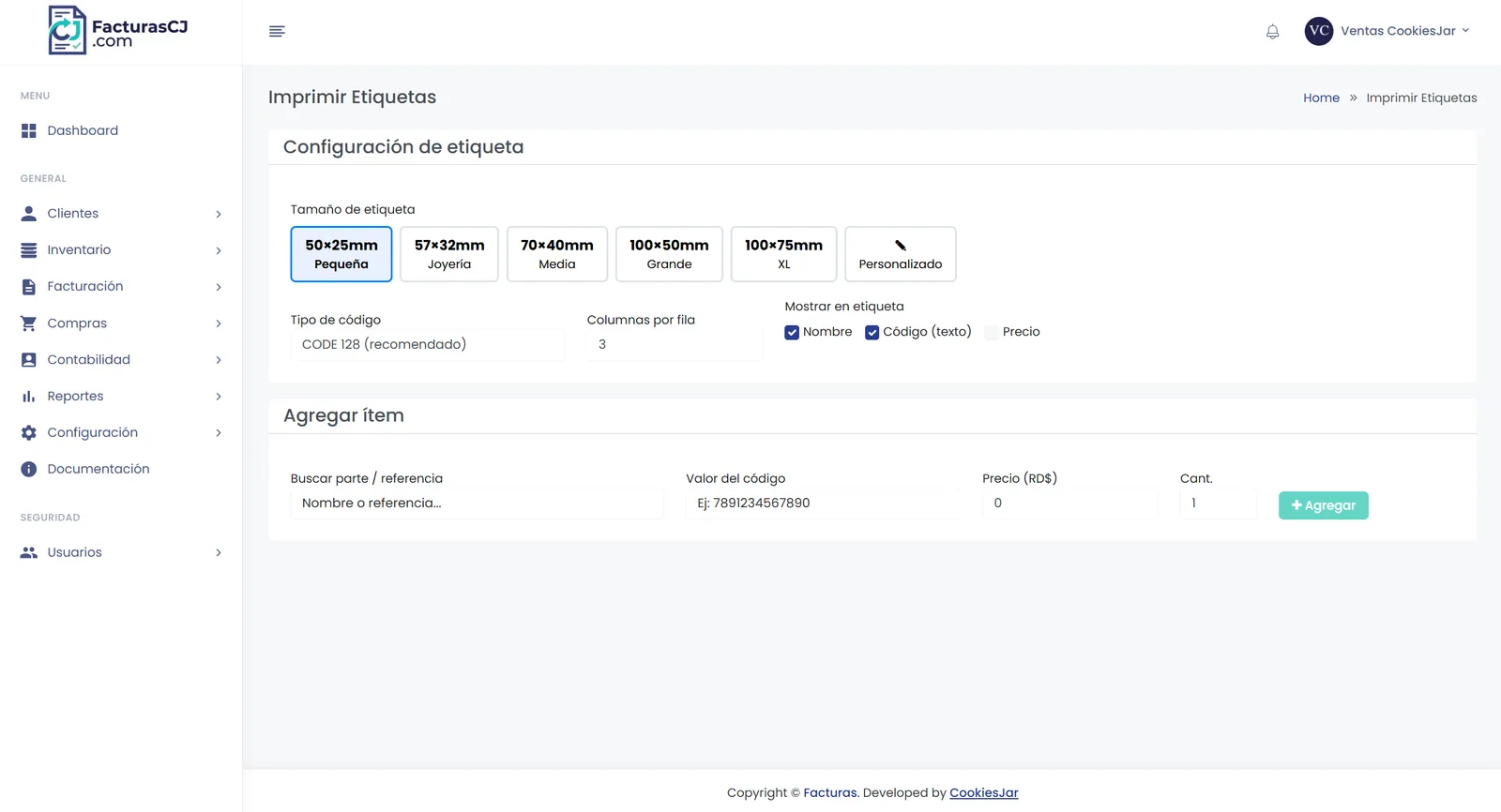 Configuración de impresión de etiquetas con tamaños, tipo de código de barras y qué mostrar en cada etiqueta