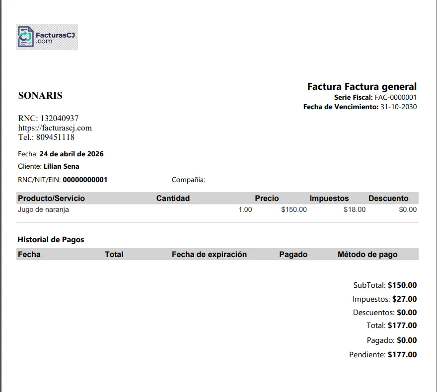 Factura emitida desde FacturasCJ con serie fiscal, RNC del emisor, detalle de impuestos y saldo pendiente