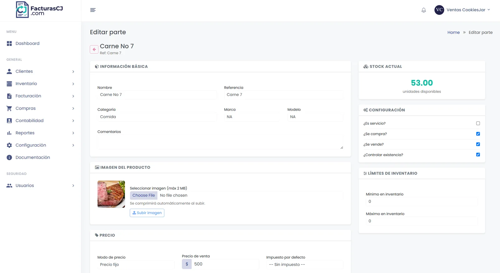 Ficha de un producto con su stock actual, límites de inventario y configuración de precio