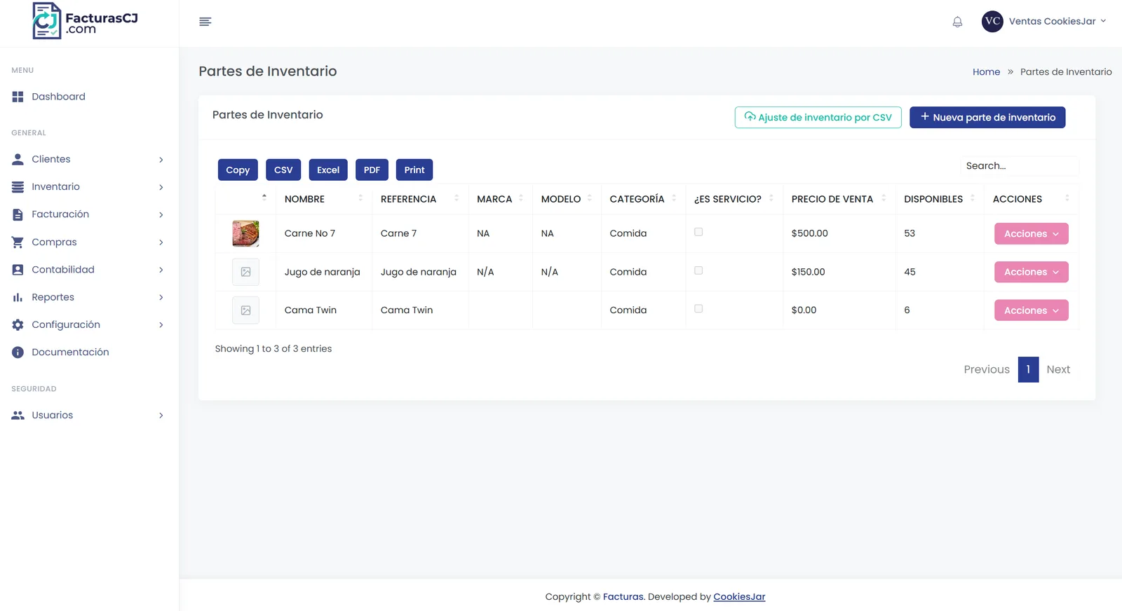 Listado de partes de inventario con categoría, precio de venta y unidades disponibles