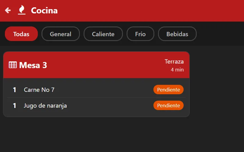 Pantalla de cocina con las estaciones caliente, frío y bebidas, y una comanda pendiente con su tiempo de espera